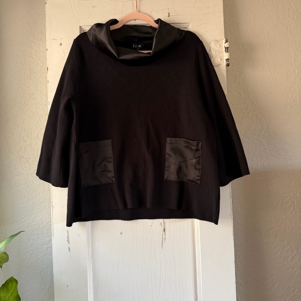 Fate Black Blouse Size Large Satin Trim Pocket Top